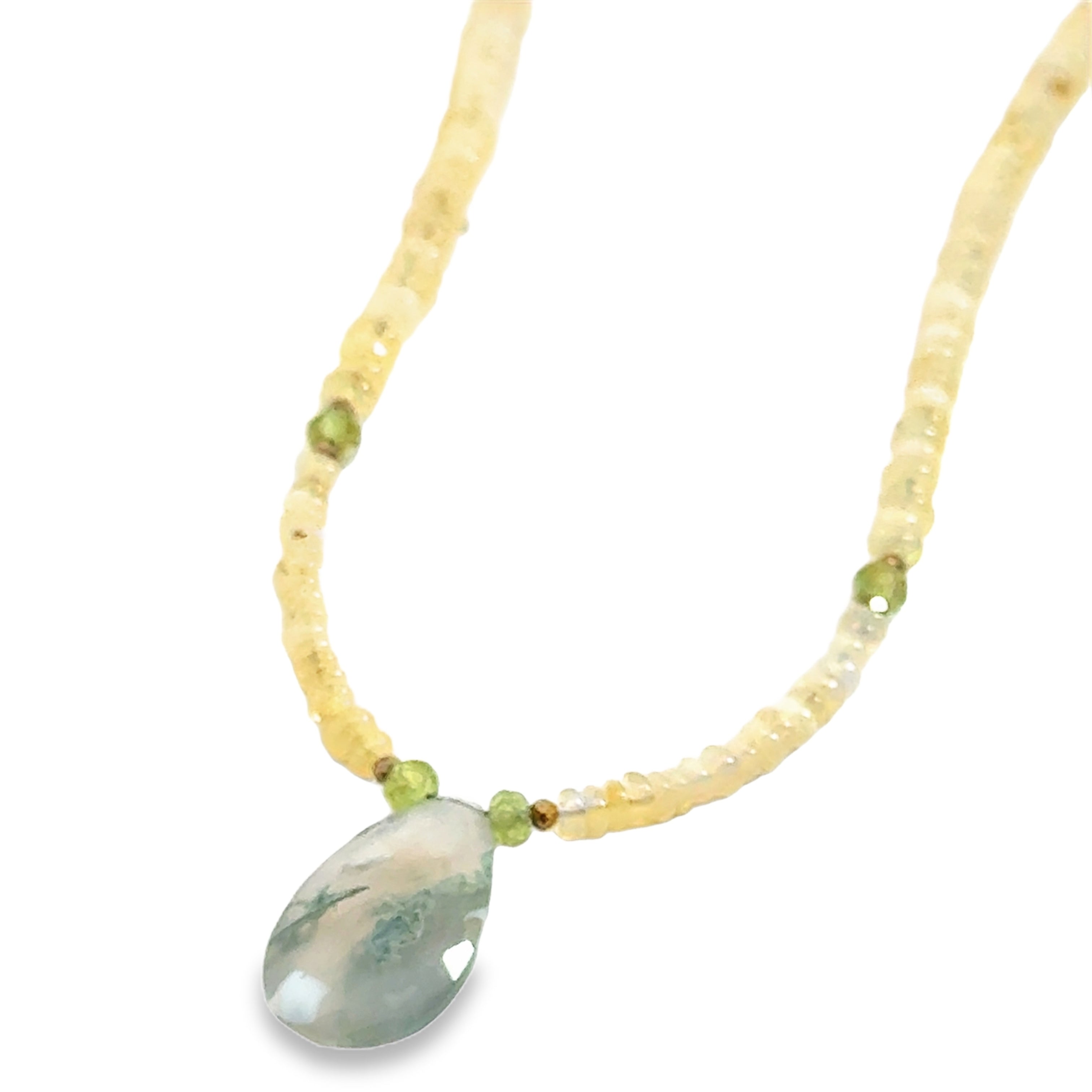 Ethiopian Opal Gemstone Necklace – Pyrite & Moss Agate on white up close front over  view