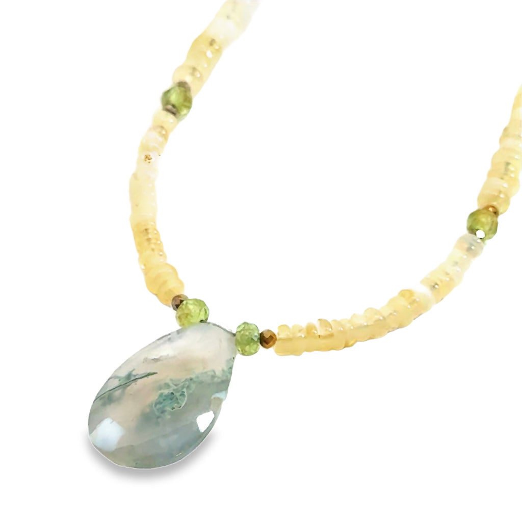 Ethiopian Opal Gemstone Necklace – Pyrite & Moss Agate on white up close front view