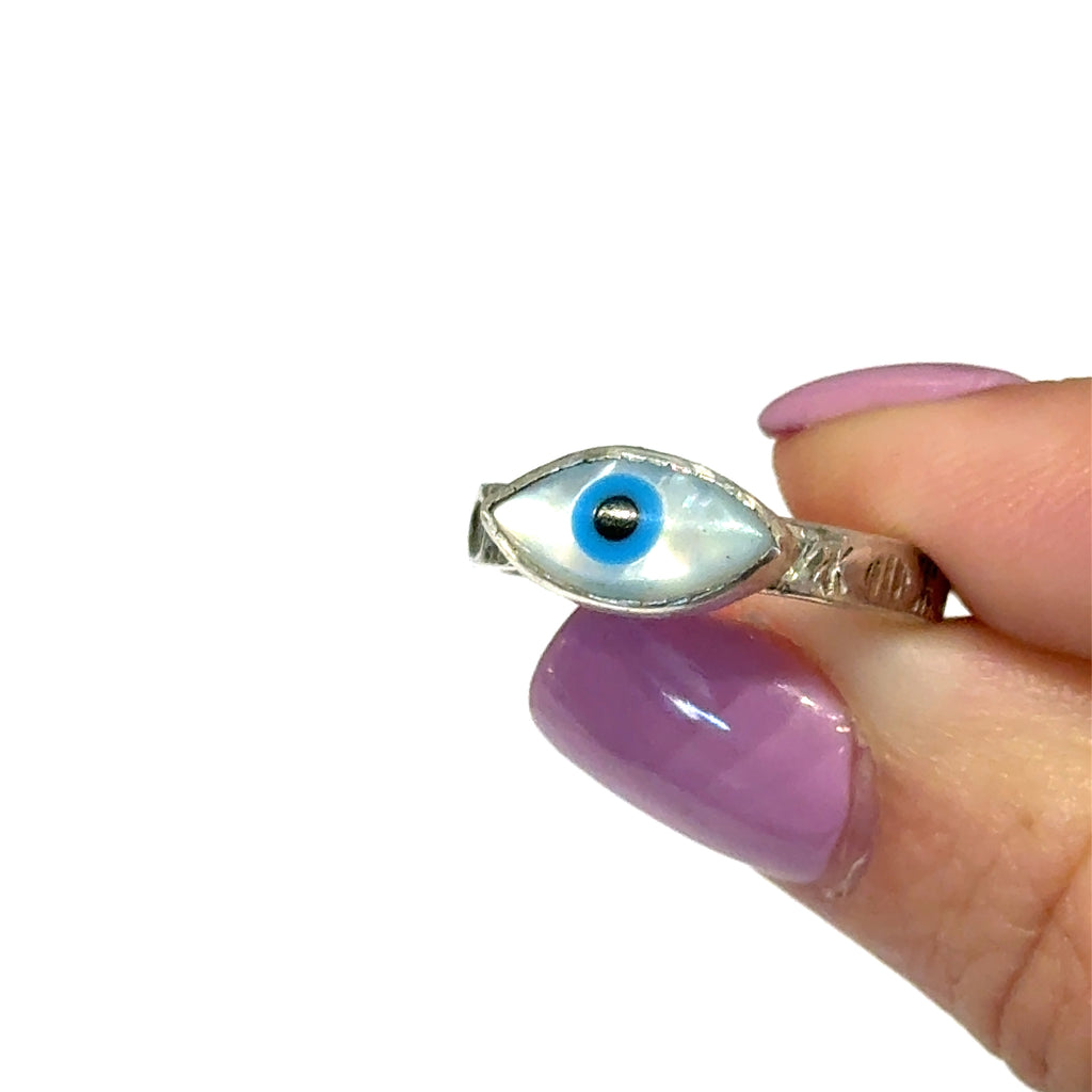 Evil‑Eye Mother‑of‑Pearl Ring on in finger white front view