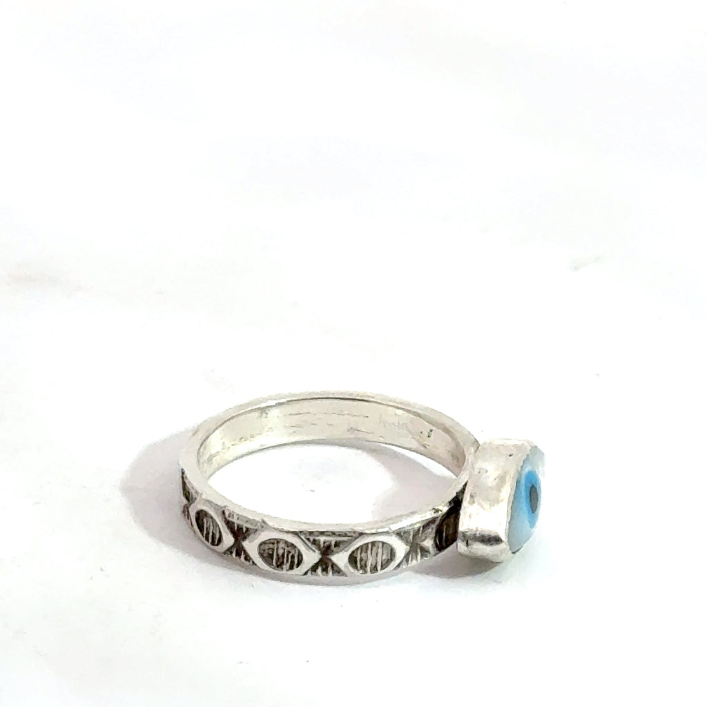 Evil‑Eye Mother‑of‑Pearl Ring on white side front view