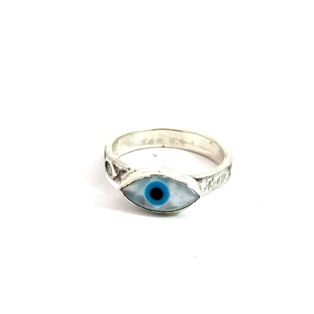 Evil‑Eye Mother‑of‑Pearl Ring on white up close front view