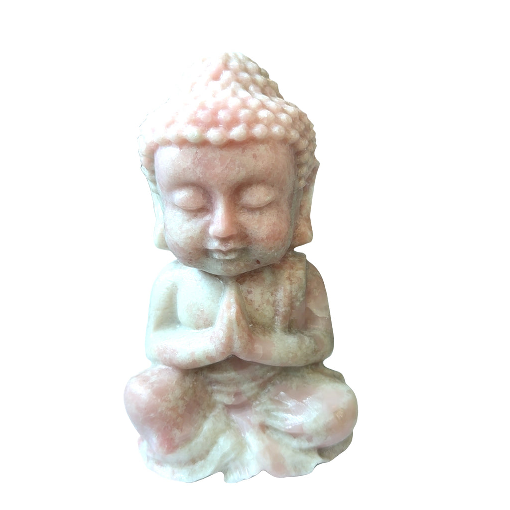 Extra-large pink opal Buddha statue with peachy-pink translucence and serene features, shown in front view on a white background. 