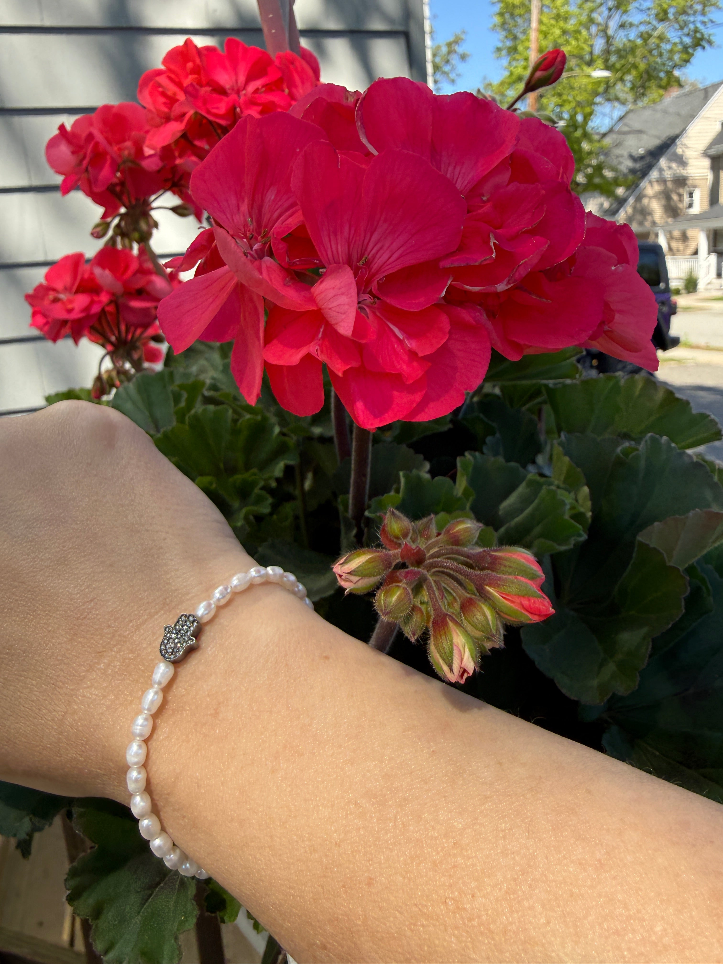 Fresh Water Pearl Diamond paved Humza charm bracelet, jewelry