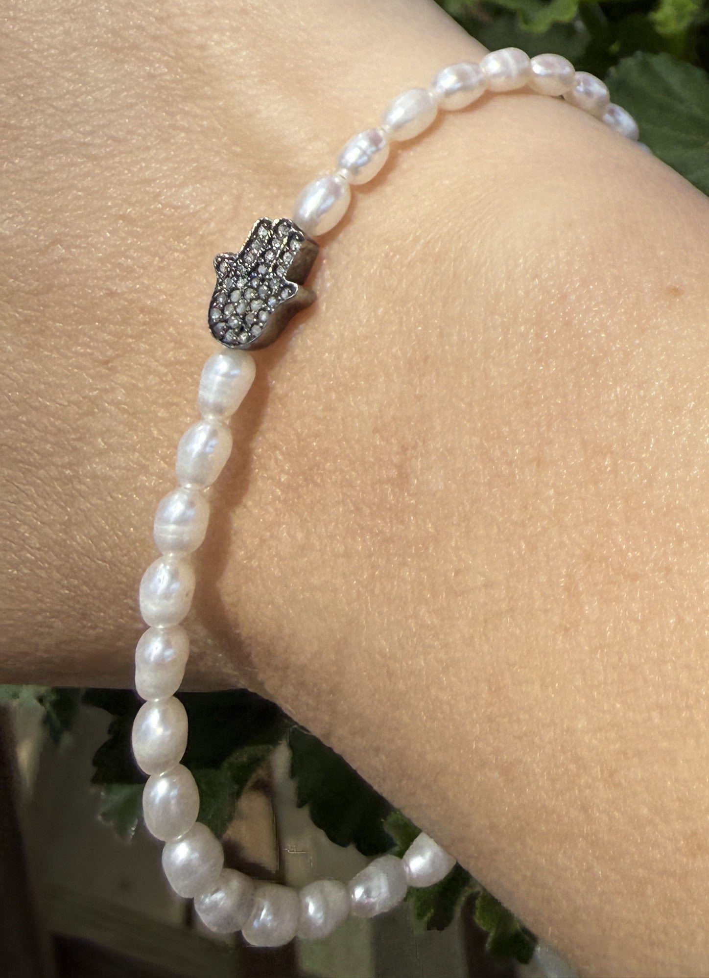 Fresh Water Pearl Diamond paved Humza charm bracelet, jewelry
