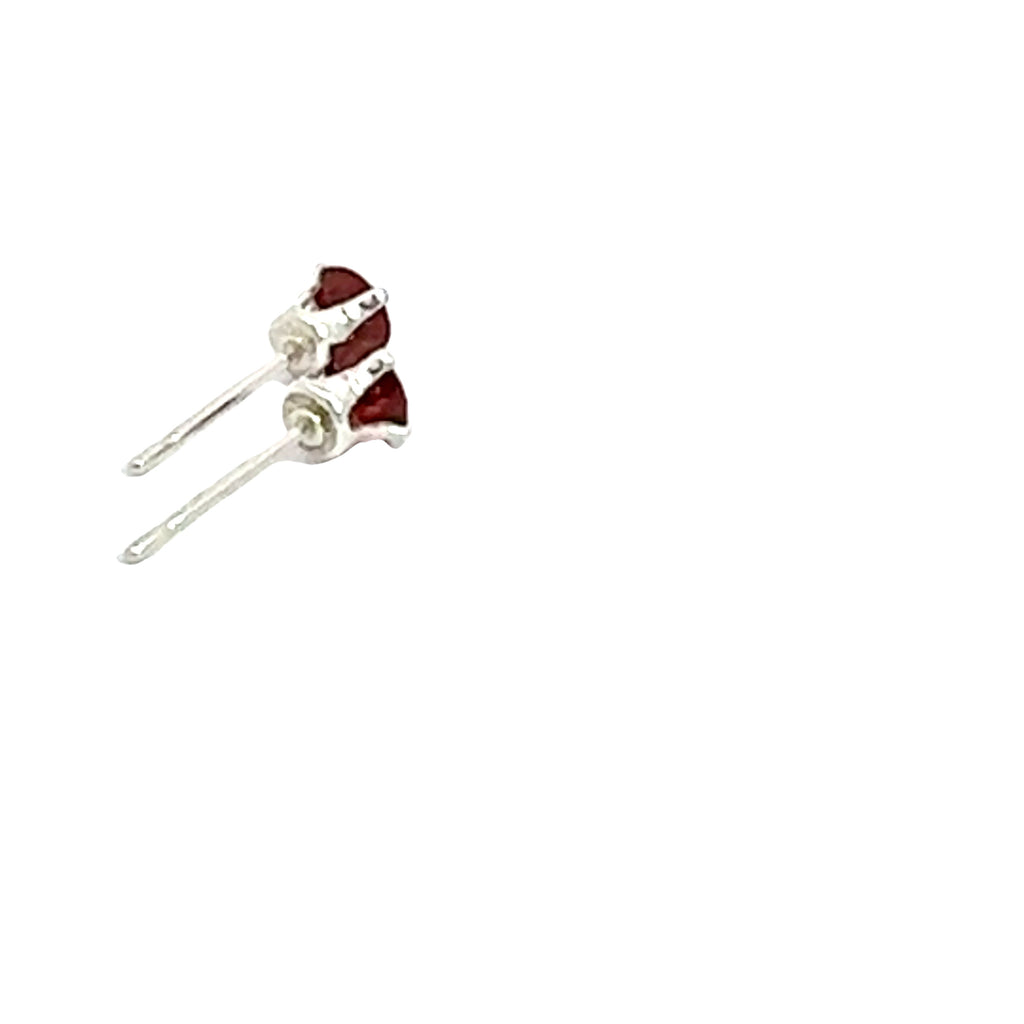 Faceted 4mm Garnet Post Earrings in Sterling Silver  Basket Setting 4 prong on white back right angled overview