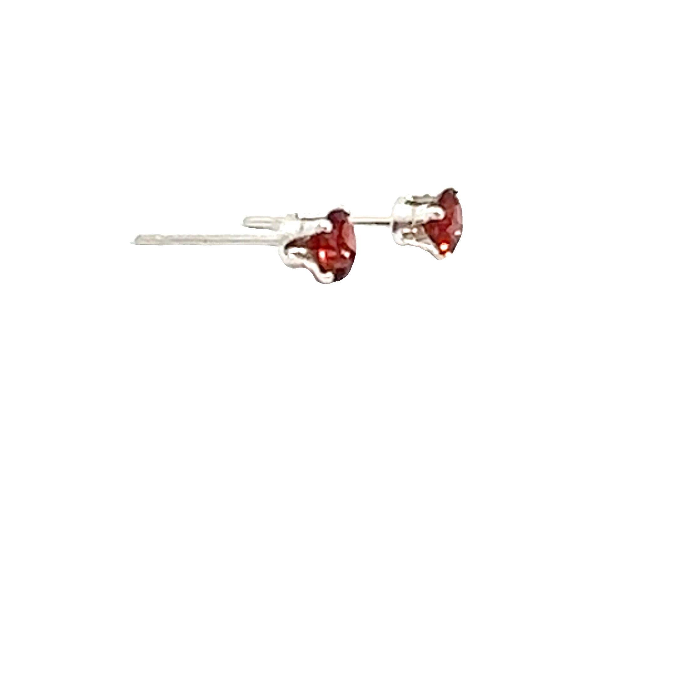 Faceted 4mm Garnet Post Earrings in Sterling Silver  Basket Setting 4 prong on white right side overview