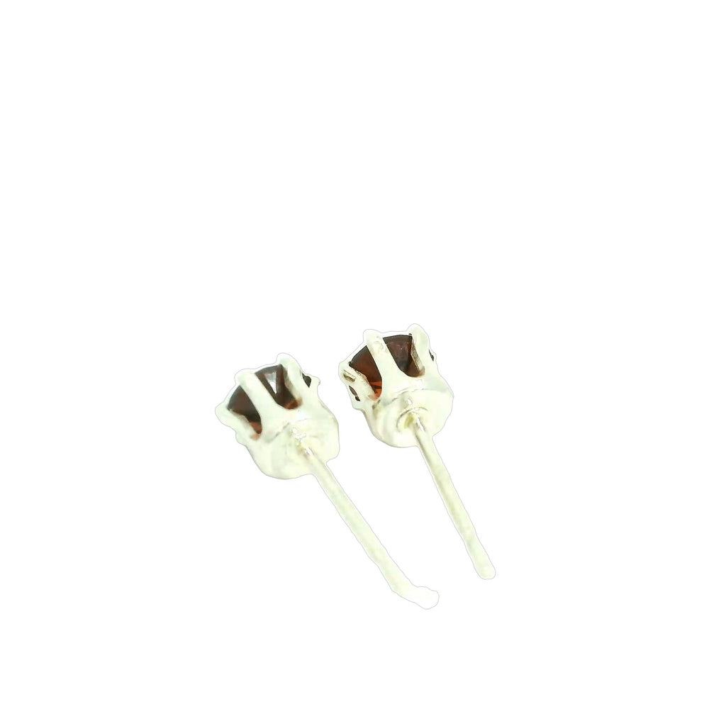 Faceted 4mm Garnet Post Earrings in Sterling Silver  Basket Setting six prong on white back side  overview