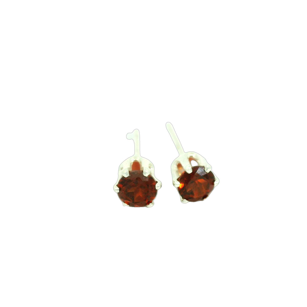 Faceted 4mm Garnet Post Earrings in Sterling Silver  Basket Setting six prong on white  front overview