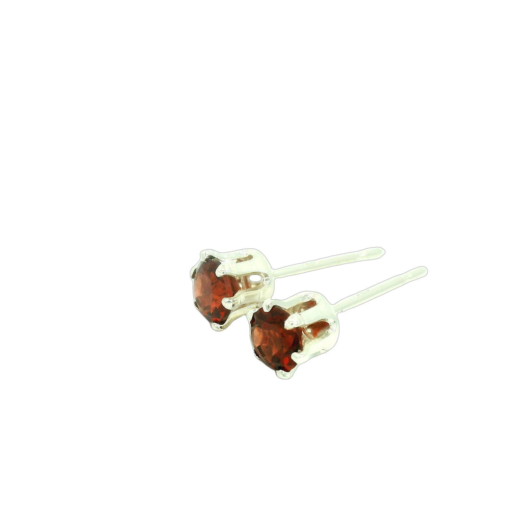Faceted 4mm Garnet Post Earrings in Sterling Silver  Basket Setting six prong on white  front side  left angle overview