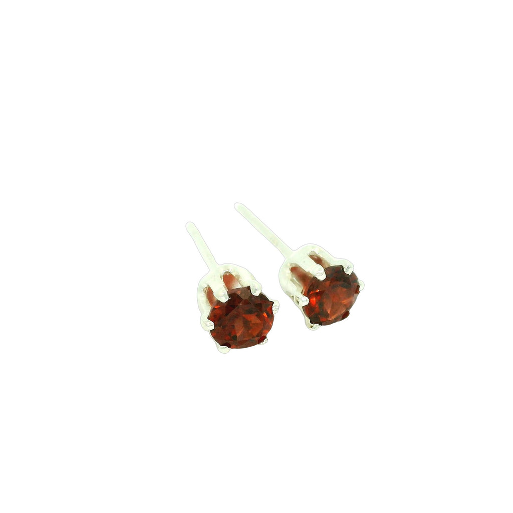 Faceted 4mm Garnet Post Earrings in Sterling Silver  Basket Setting six prong on white  front side  right angle overview
