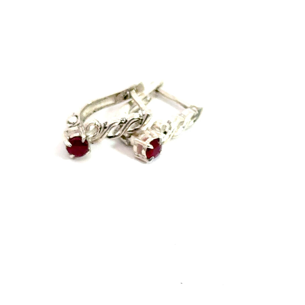 Faceted Ruby Snap‑Back Earrings on white and long front view