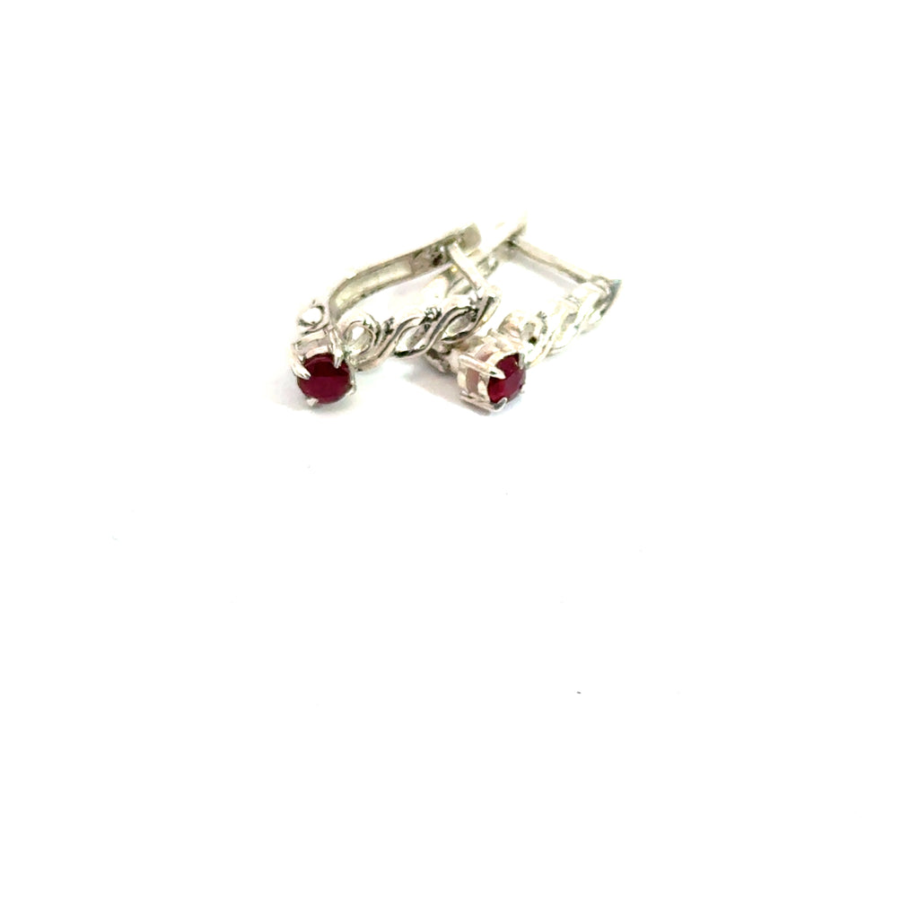 Faceted Ruby Snap‑Back Earrings on white  left angle side view