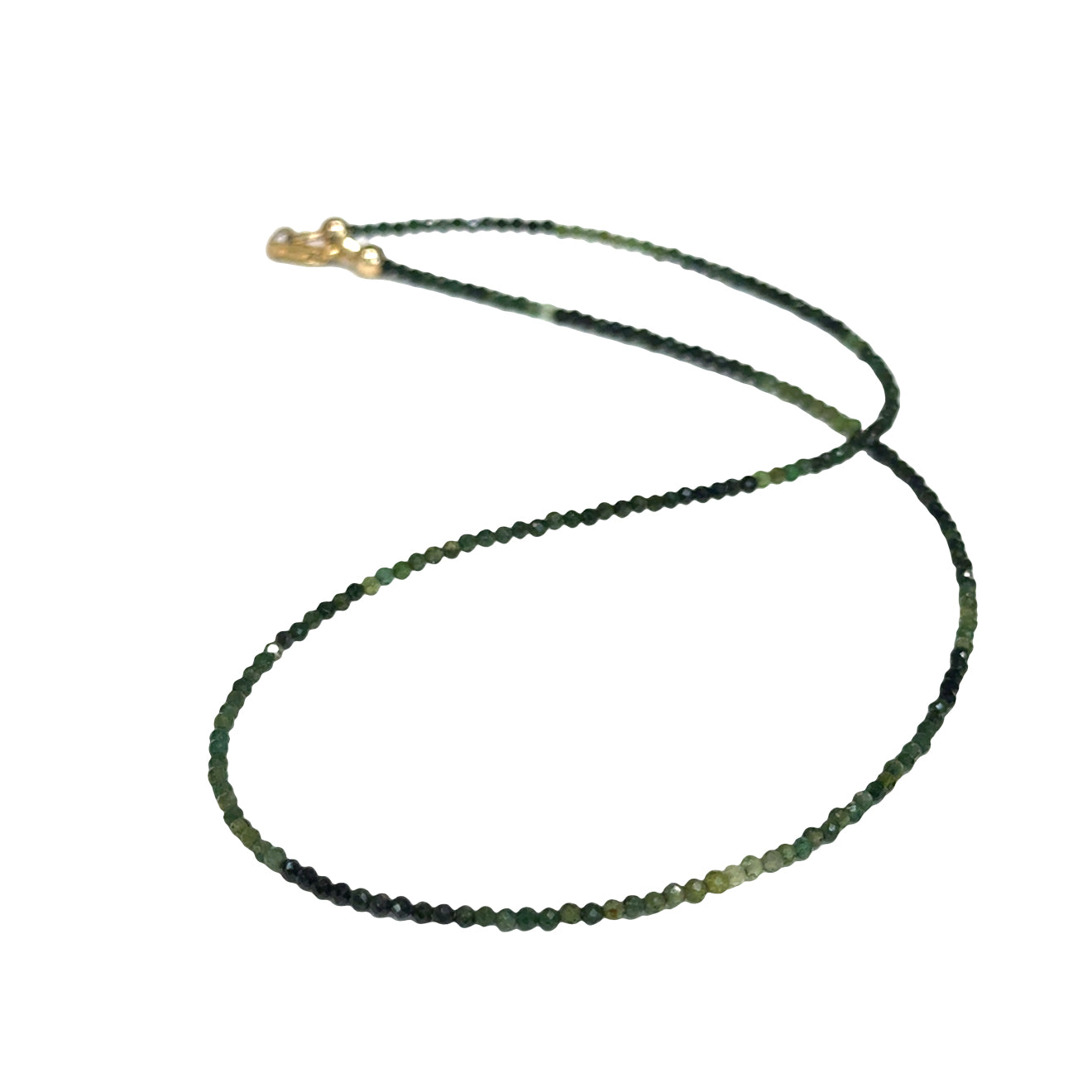 Faceted green tourmaline gemstone necklace with gold-filled lobster claw clasp on white background, front long overview.