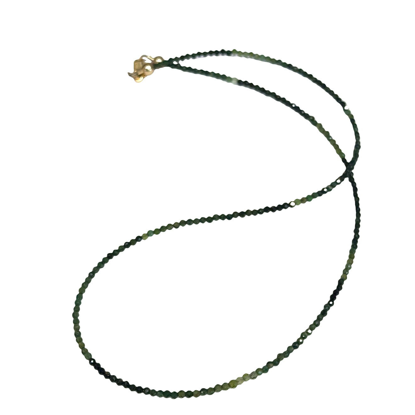 Faceted green tourmaline gemstone necklace with gold-filled lobster claw clasp on white background, front overview.