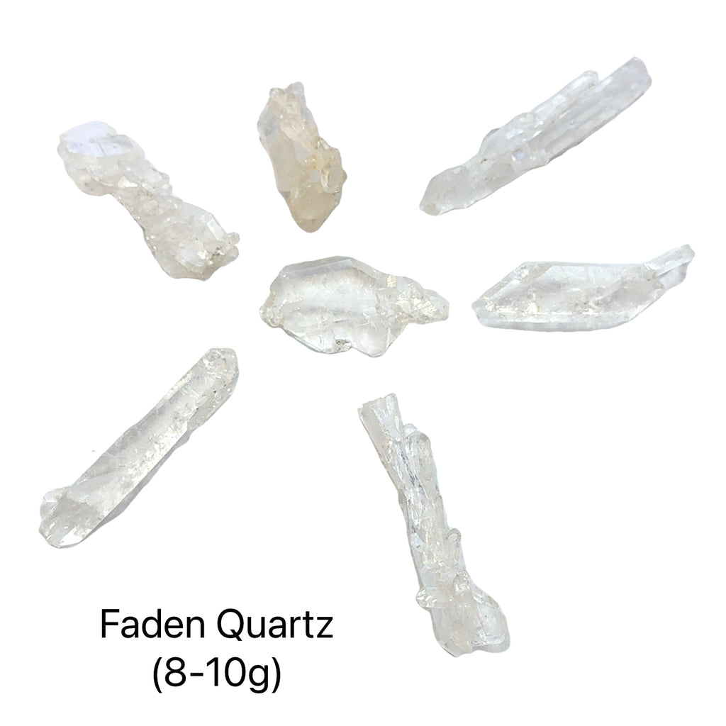 Faden Quartz Gemstone grouping 8-10g on white overview