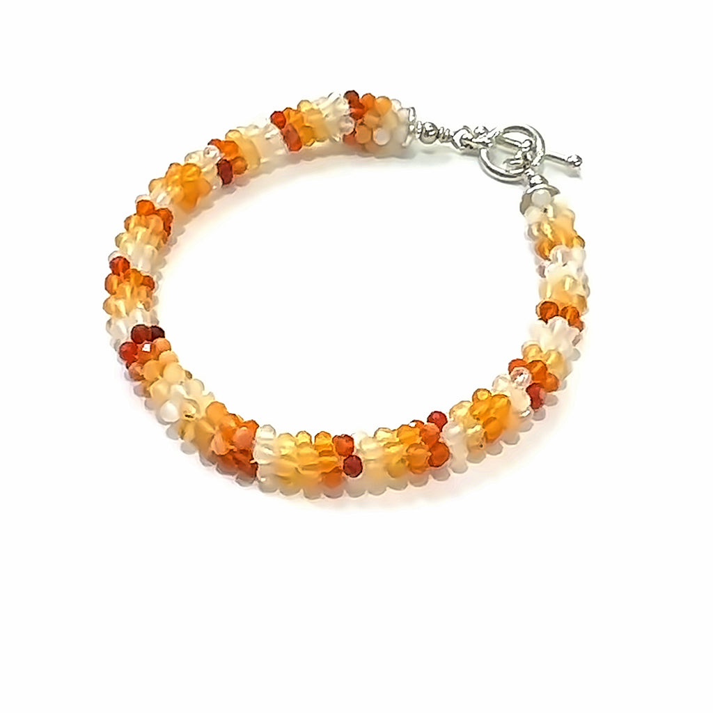 Fire Opal Crocheted Gemstone Bracelet on white center overview