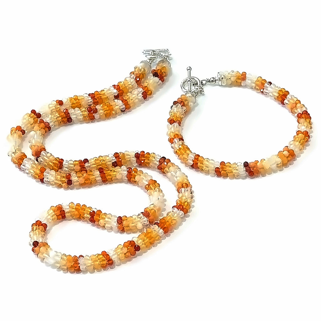 Fire Opal Crocheted Gemstone Bracelet witth matching necklace on white long overview