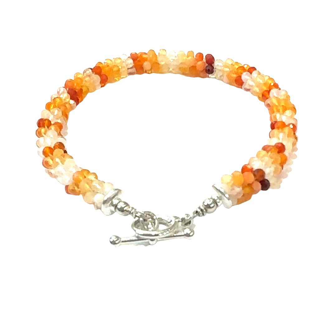 Fire Opal Crocheted Gemstone Braceletb on white back overviw