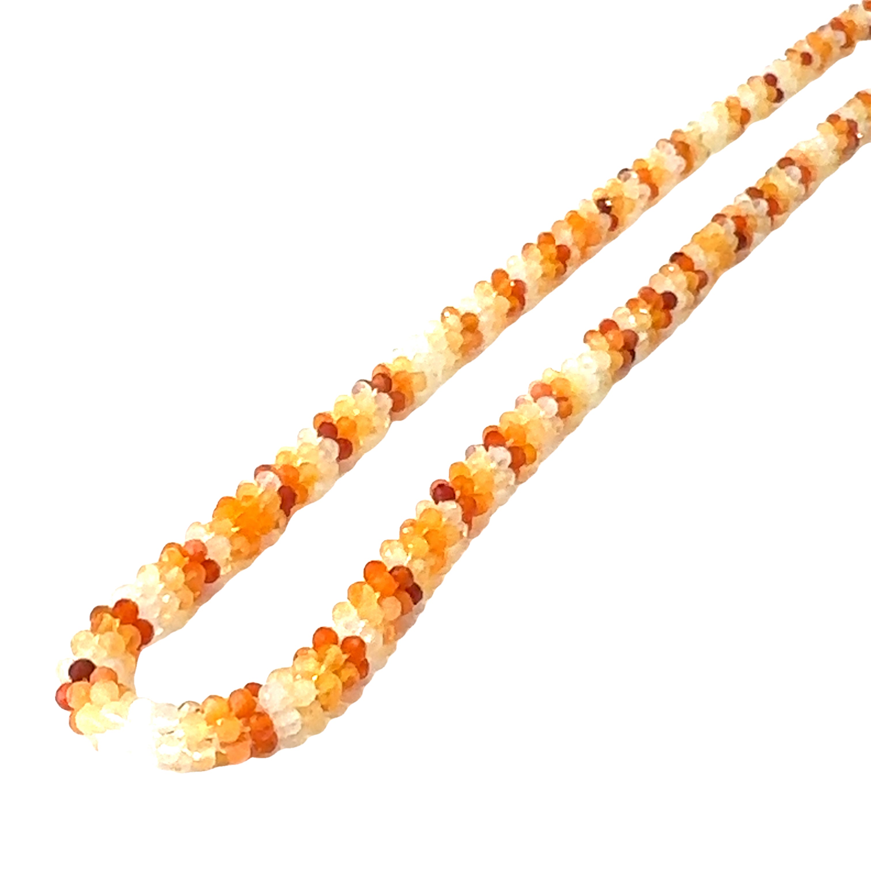 Fire Opal Crocheted Gemstone Necklace on white center long angled overview