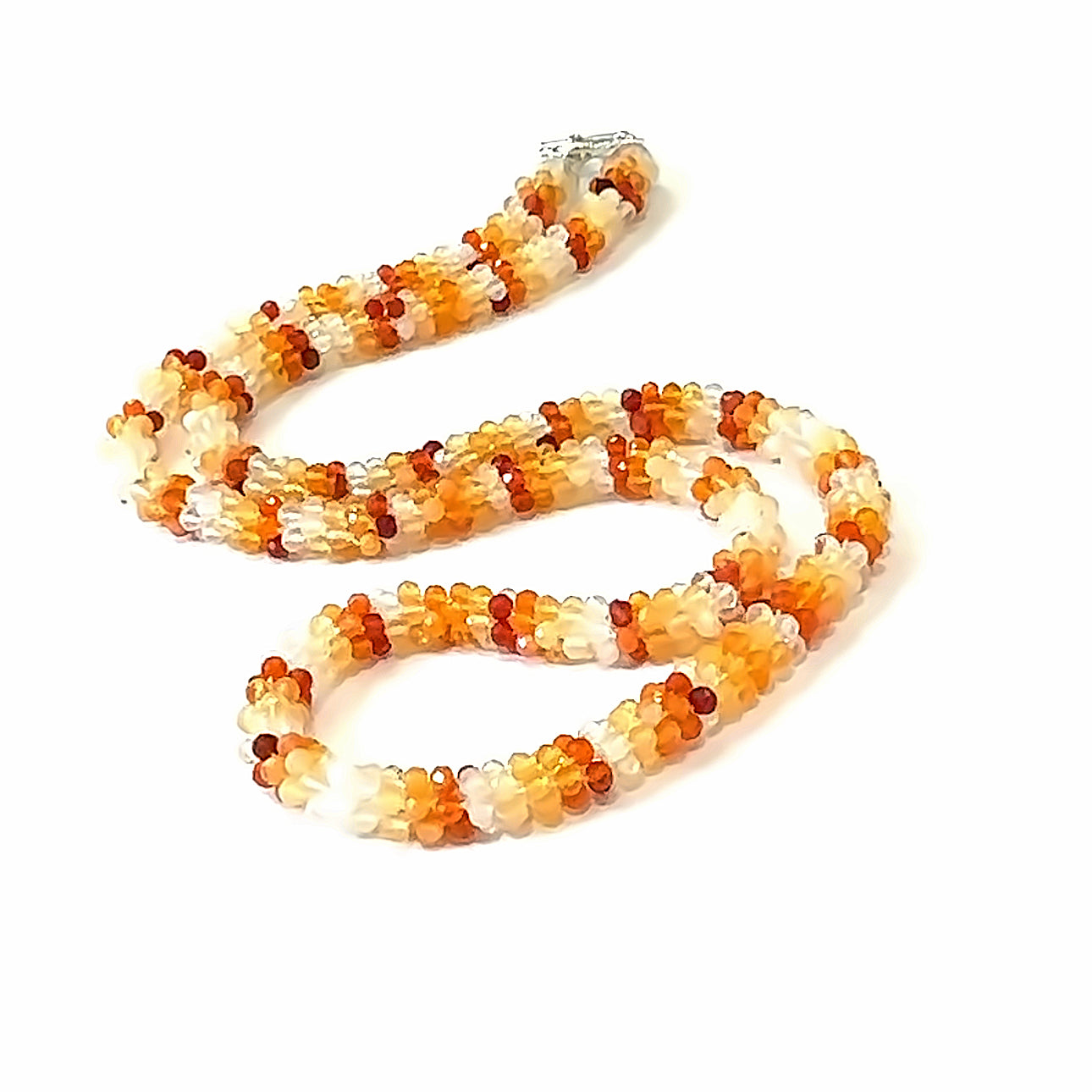 Fire Opal Crocheted Gemstone Necklace on white center long front overview