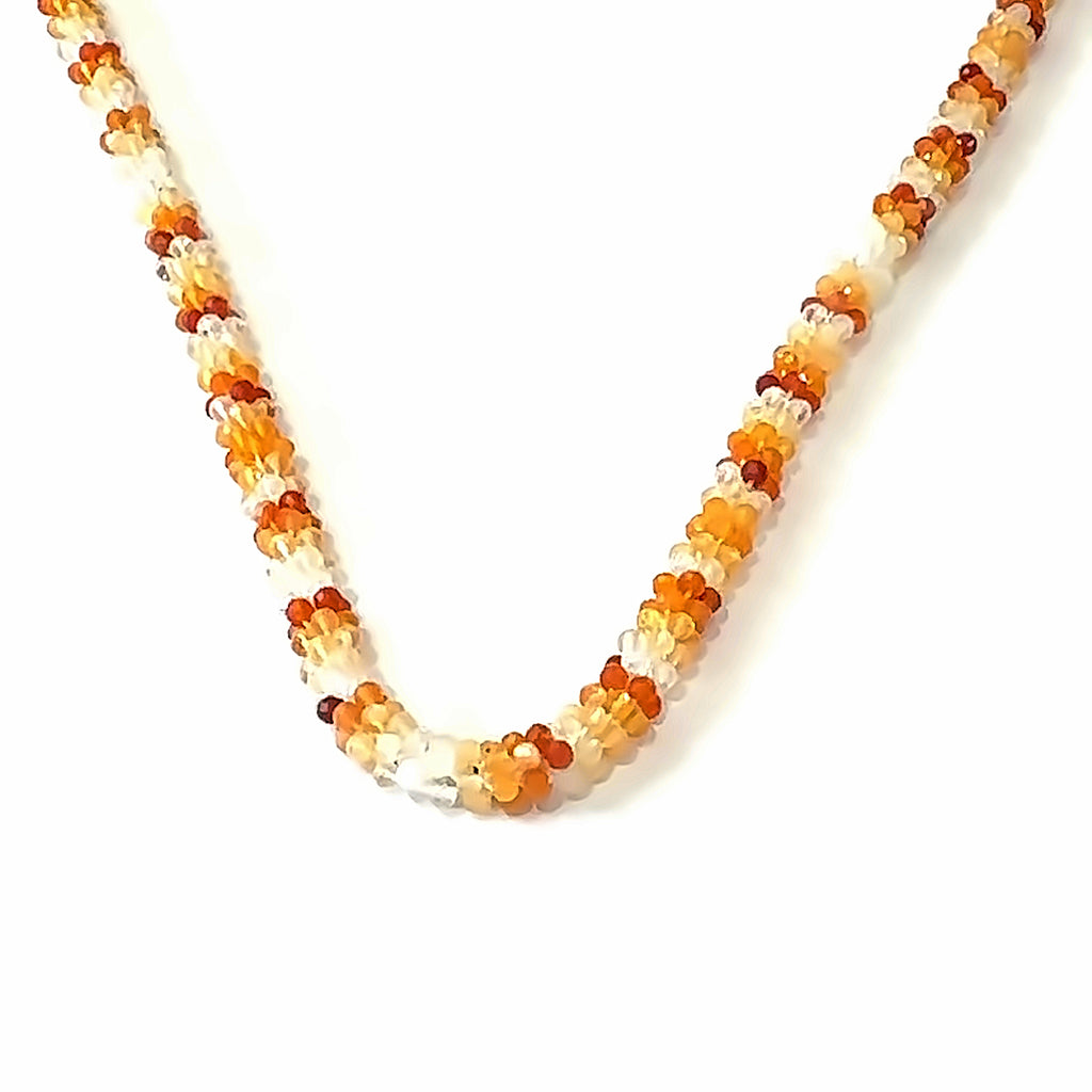 Fire Opal Crocheted Gemstone Necklace on white  center long hanging overview