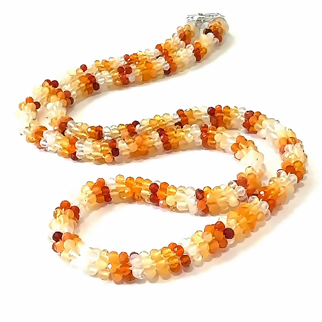 Fire Opal Crocheted Gemstone Necklace on white center long view