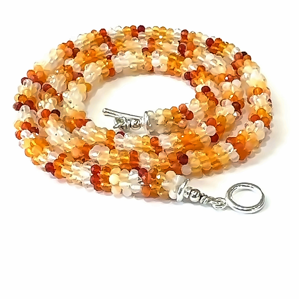 Fire Opal Crocheted Gemstone Necklace on white spiral center front overview