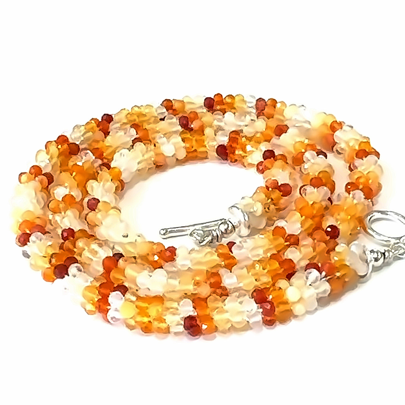 Fire Opal Crocheted Gemstone Necklace on white spiral center overview