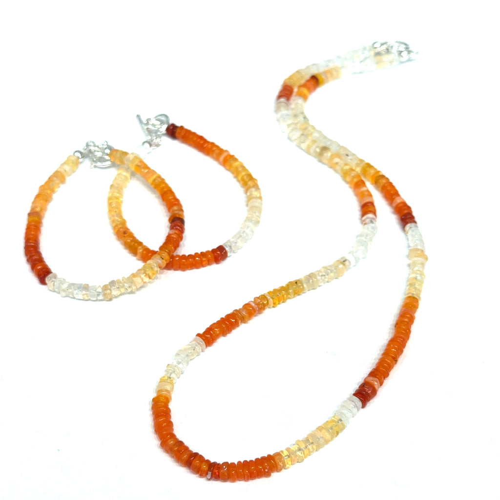 Fire Opal Gemstone bracelet with matching necklace on white front