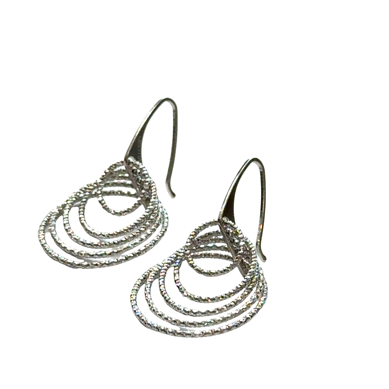 Five-circle graduated sterling silver earrings with diamond-cut finish on white background, front overview. 