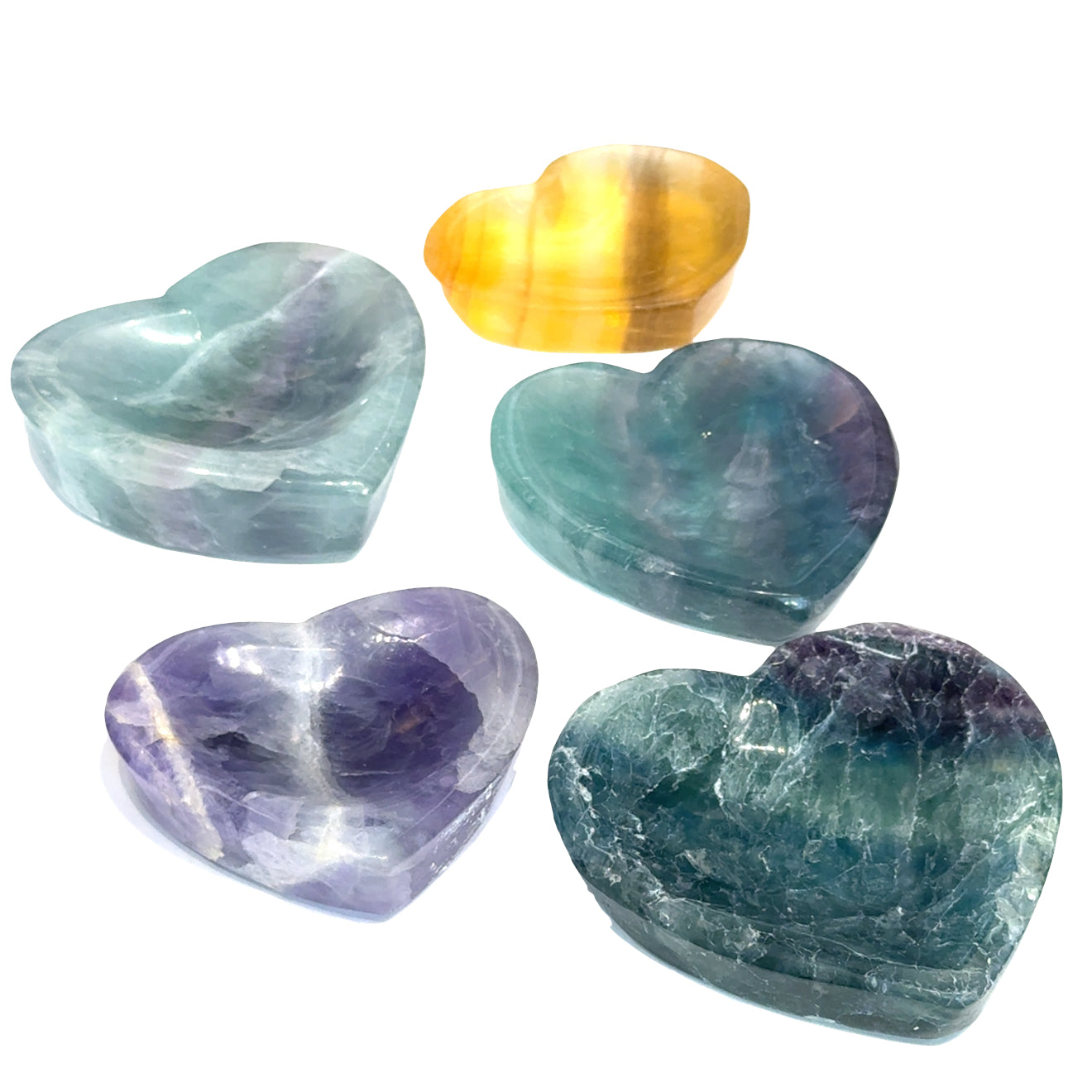 Five Rainbow Fluorite gemstone heart-carved bowls on a white background, front view. 
