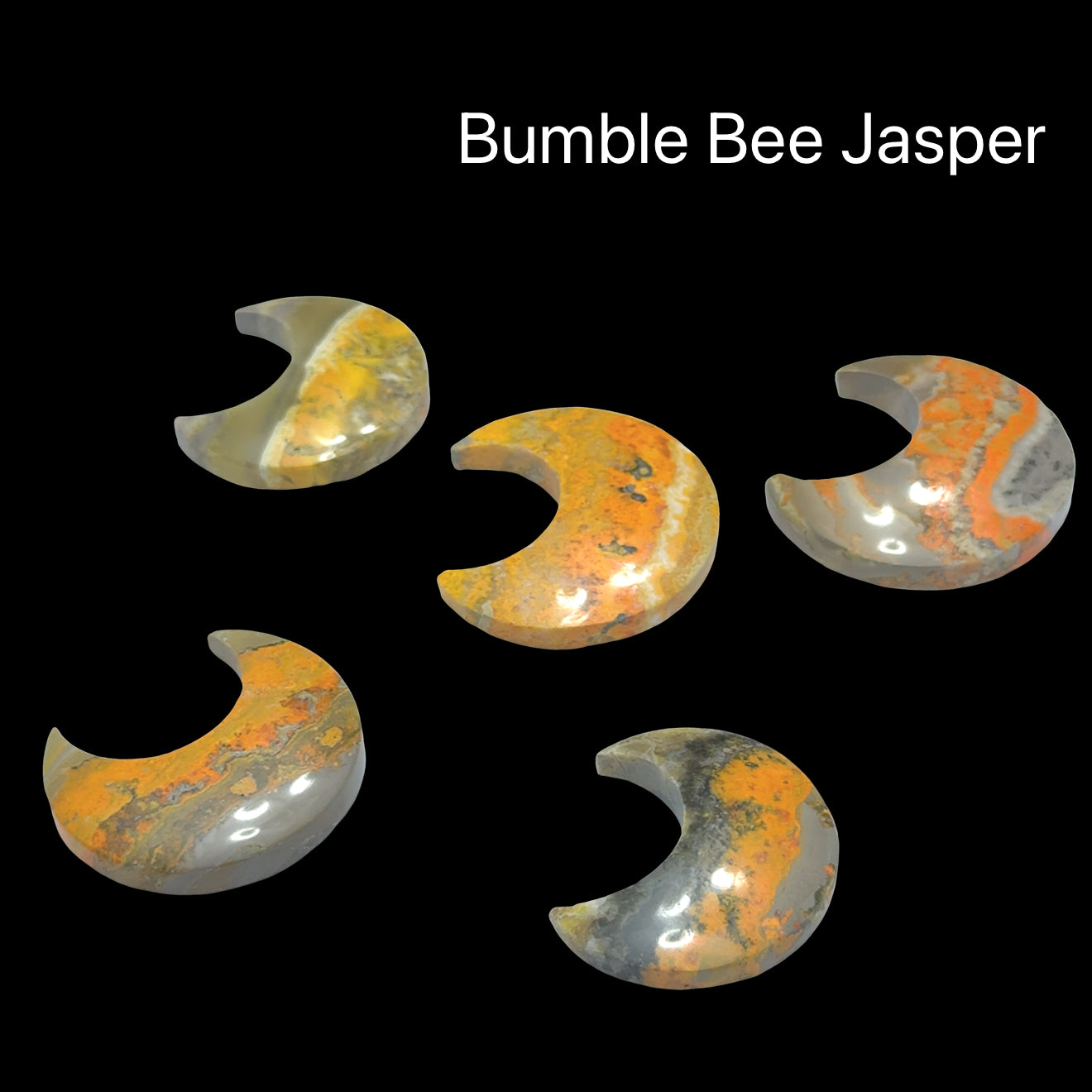Five crescent-shaped Bumble Bee Jasper stones on a black background, front view.