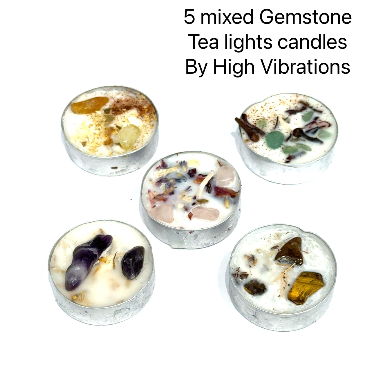Five pack intention tea light candle set with rose quartz tiger's eye citrine amethyst aventurine crystals for manifestation affirmation ritual and self-love protection abundance clarity success, on a white background, front view. 
