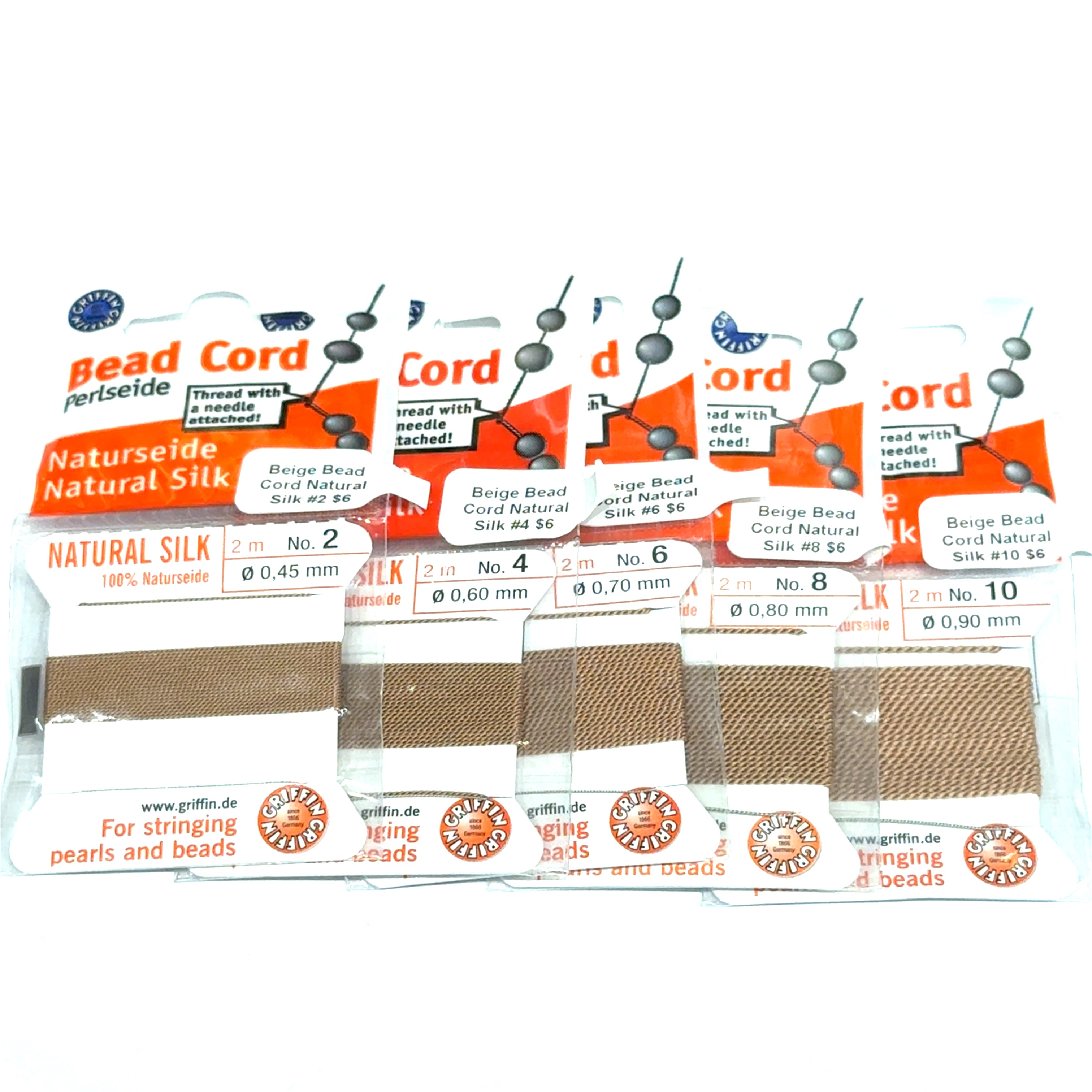 Five package of Beige Natural Silk Bead Cord  #2,4, 6, 8, & 10 on a white background, front view.
