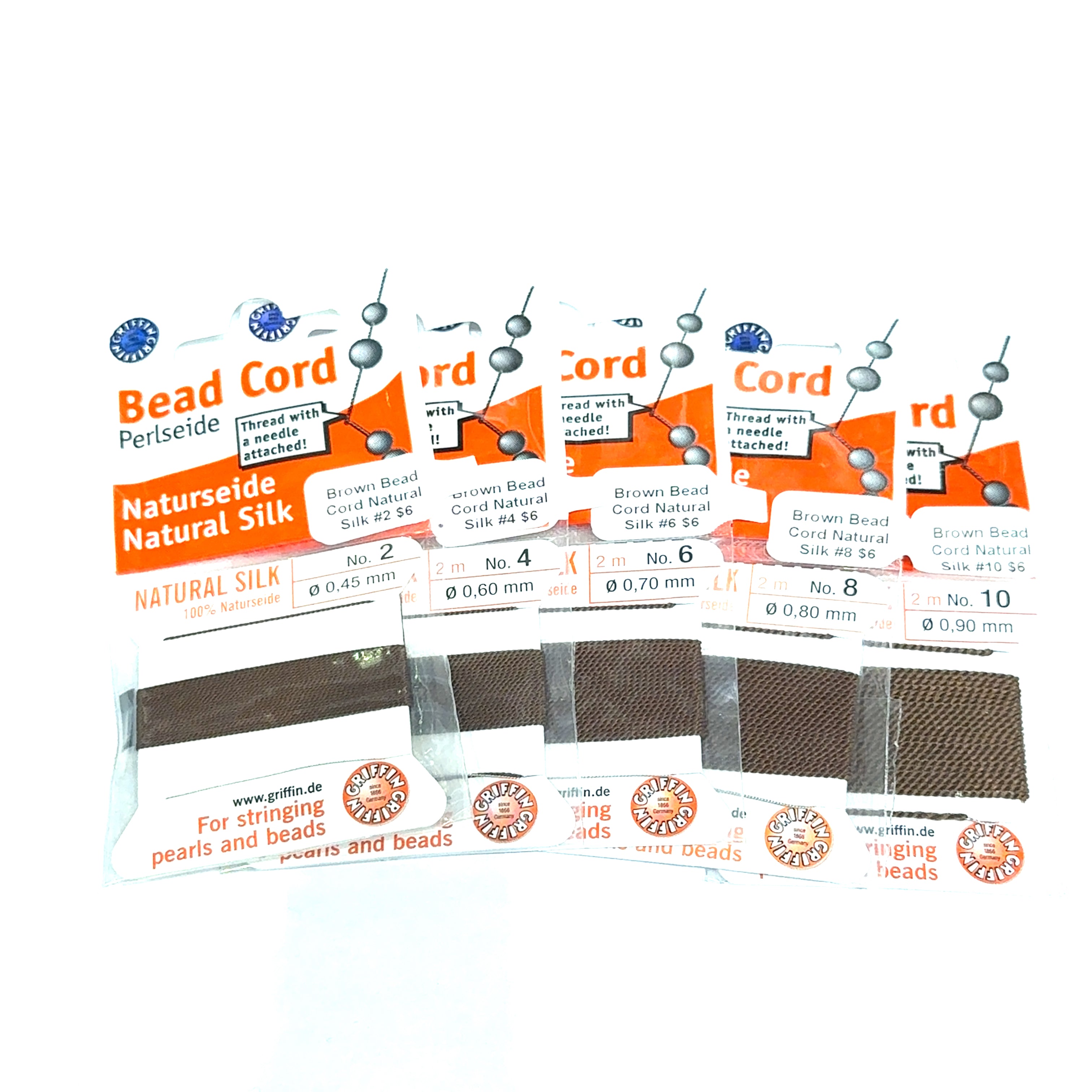 Five package of Brown Natural Silk Bead Cord  #2,4, 6, 8, & 10 on a white background, front view.