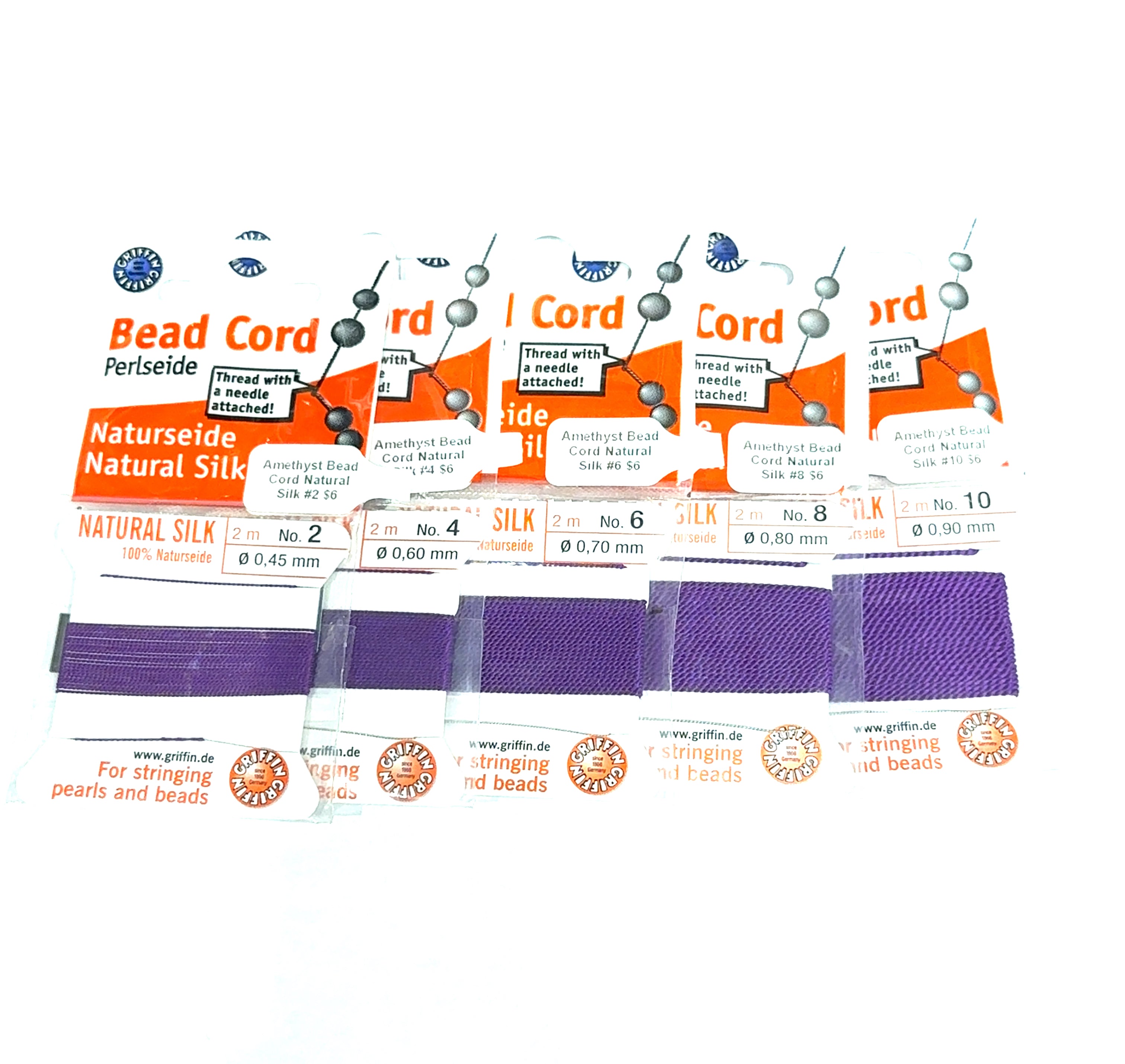 Five packages of Amethyst Natural Silk Bead Cord  #2, 4, 6, 8, & 10 on a white background, front view.