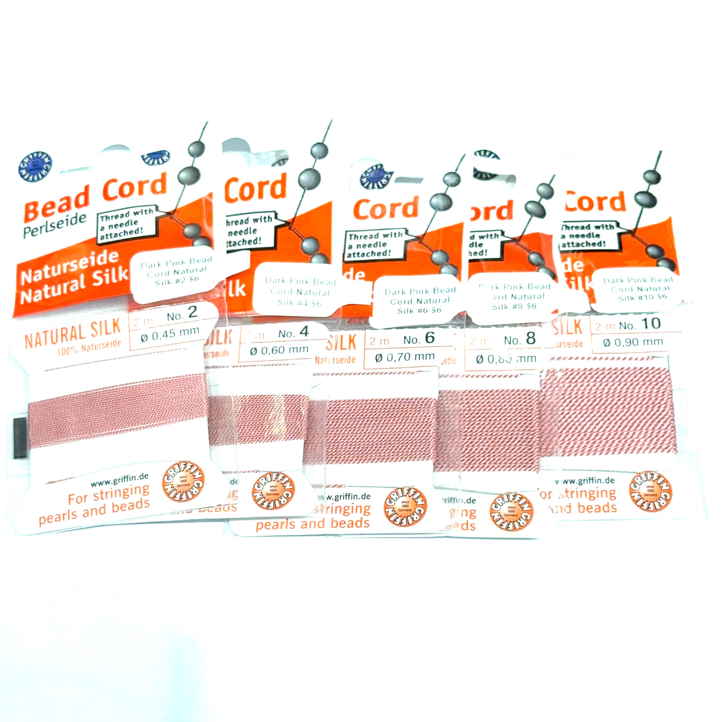 Five packages of Dark Pink Natural Silk Bead Cord  #2, 4, 6, 8, & 10 on a white background, front view.