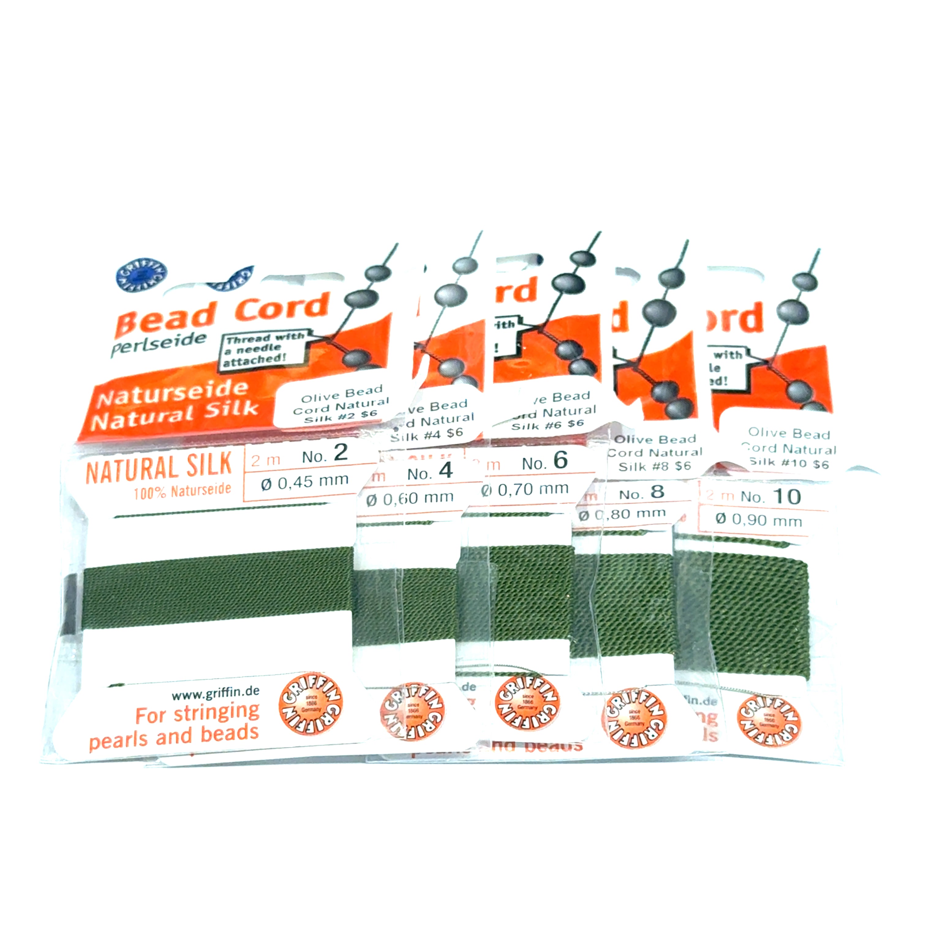 Five packages of Olive Natural Silk Bead Cord  #2,4, 6, 8, & 10 on a white background, front view.