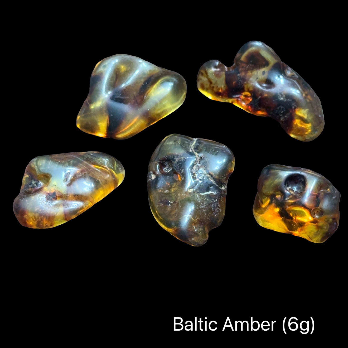 Five pieces of Baltic Amber on a black background with text indicating weight range (6g), front view.