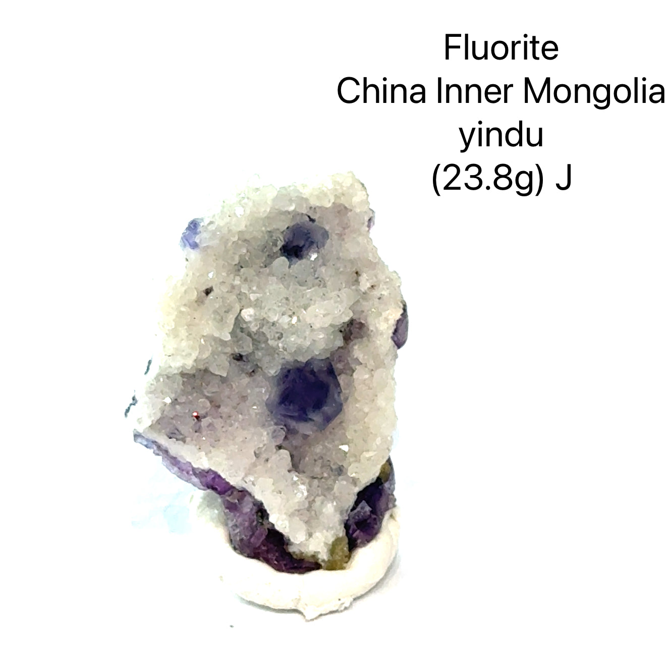 Fluorite crystal from China, Inner Mongolia, with weight and origin information on a white background, (23.8g) J front view. 
