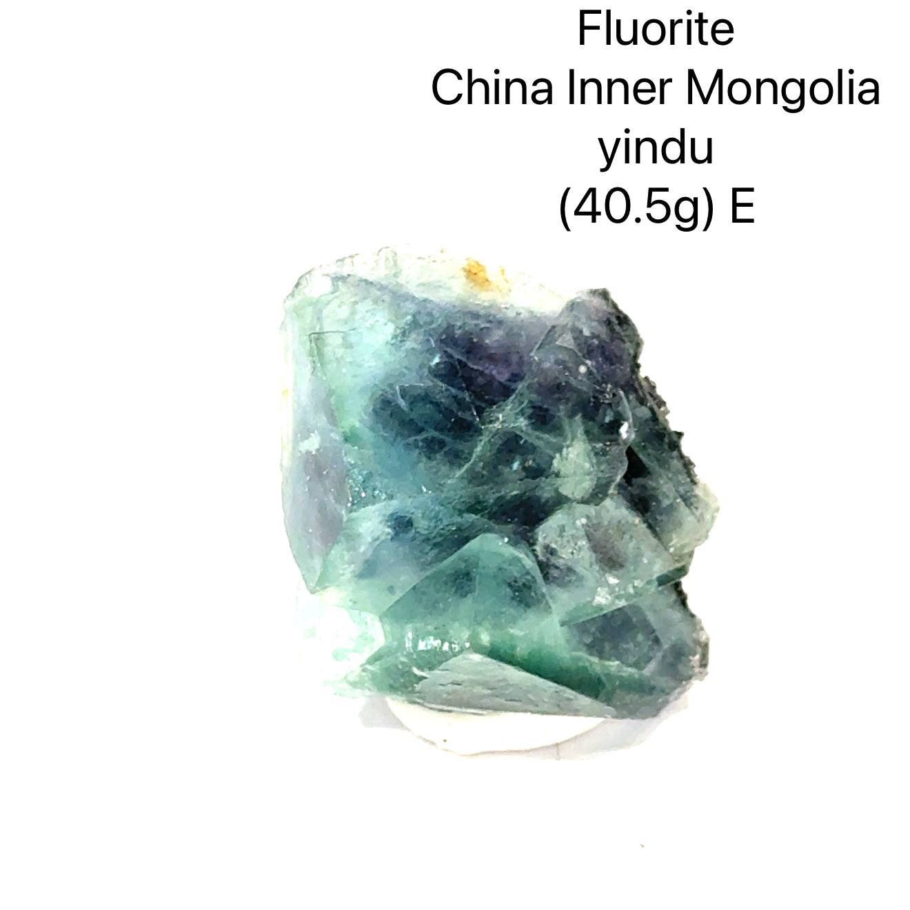 Fluorite crystal from China, Inner Mongolia, with weight and origin information on a white background, (40.5g) E front view. 