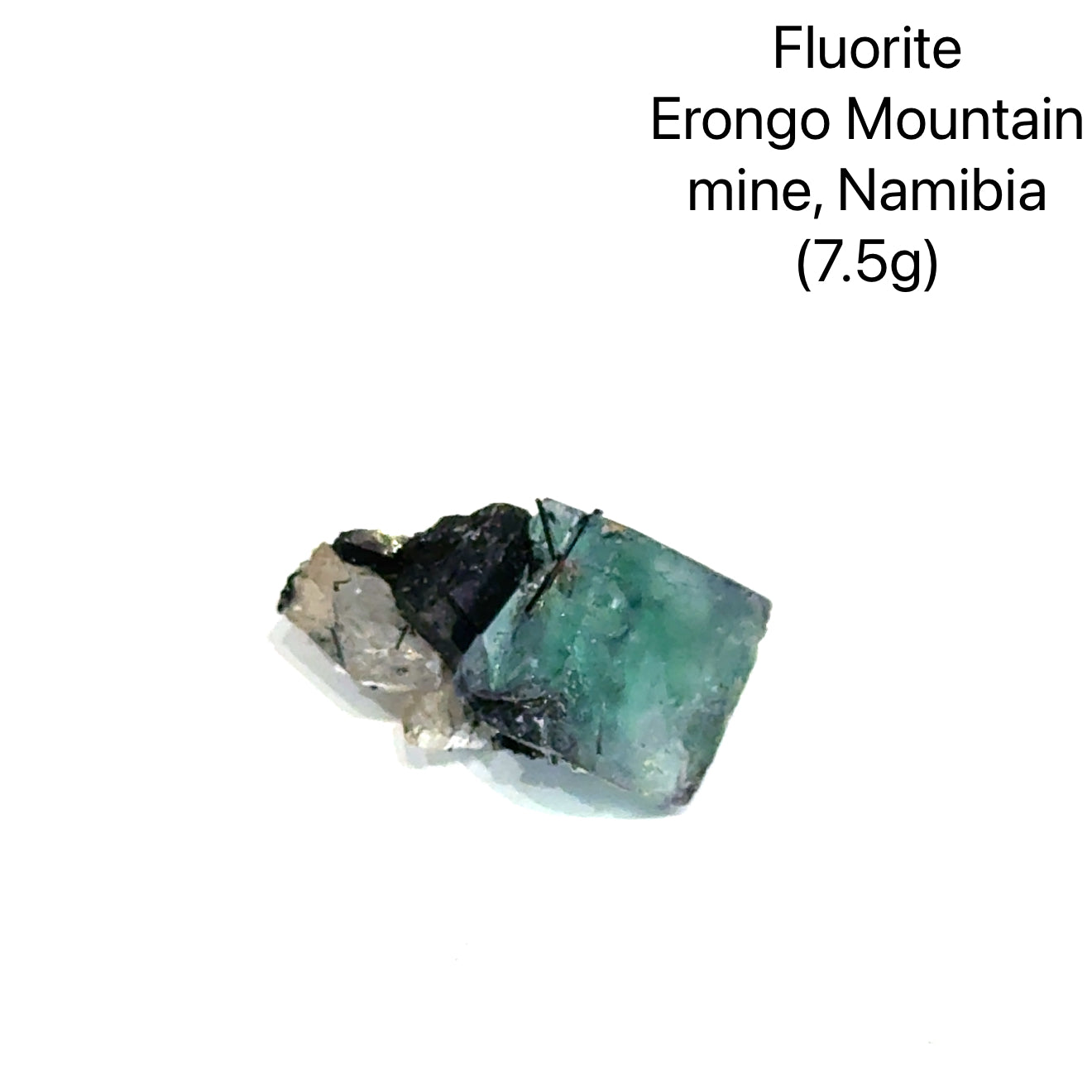 Fluorite crystal from Erongo Mountain mine, Namibia, on a white background (7.5g), front view.