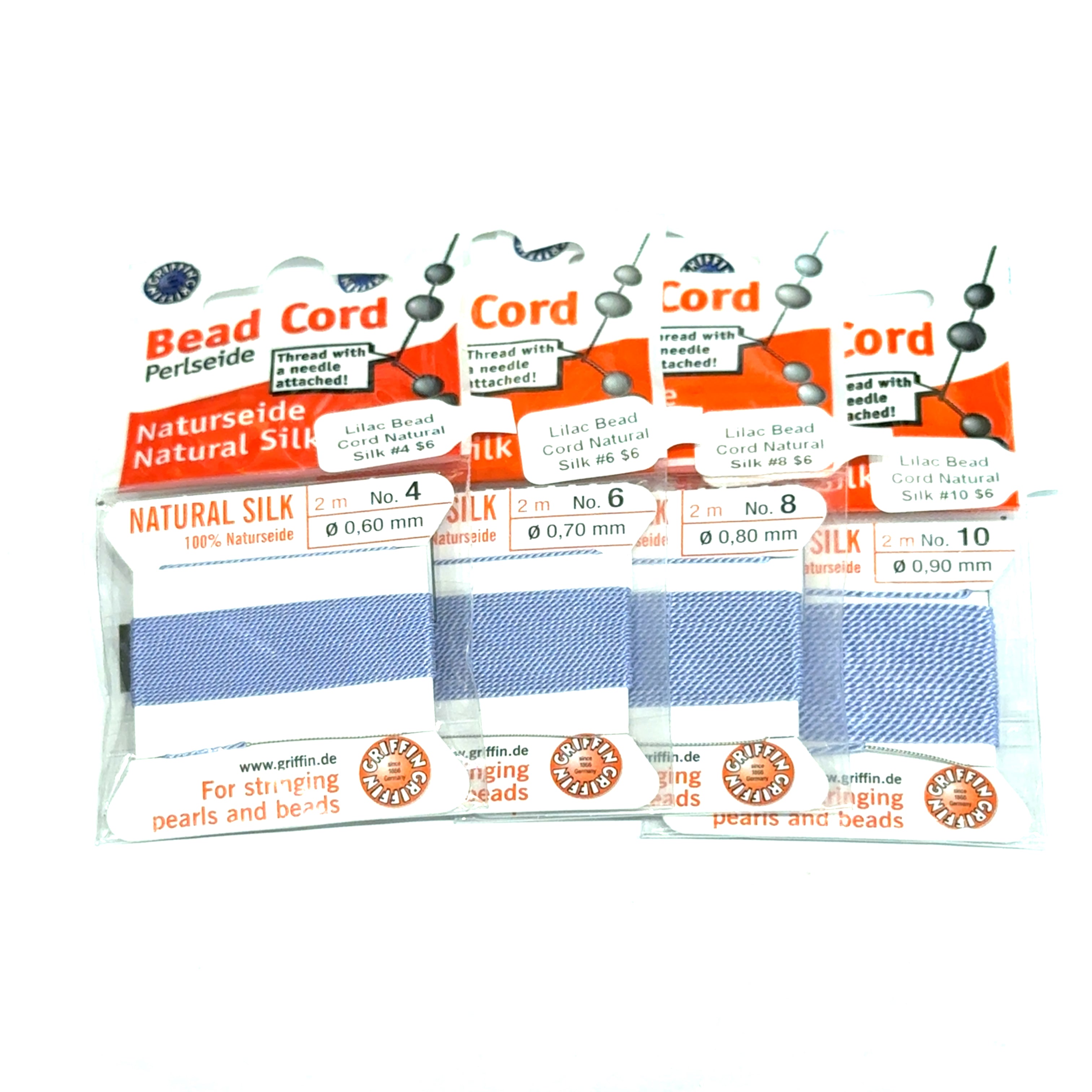 Four packages of Lilac Natural Silk Bead Cord  # 4, 6, 8, & 10 on a white background, front view.