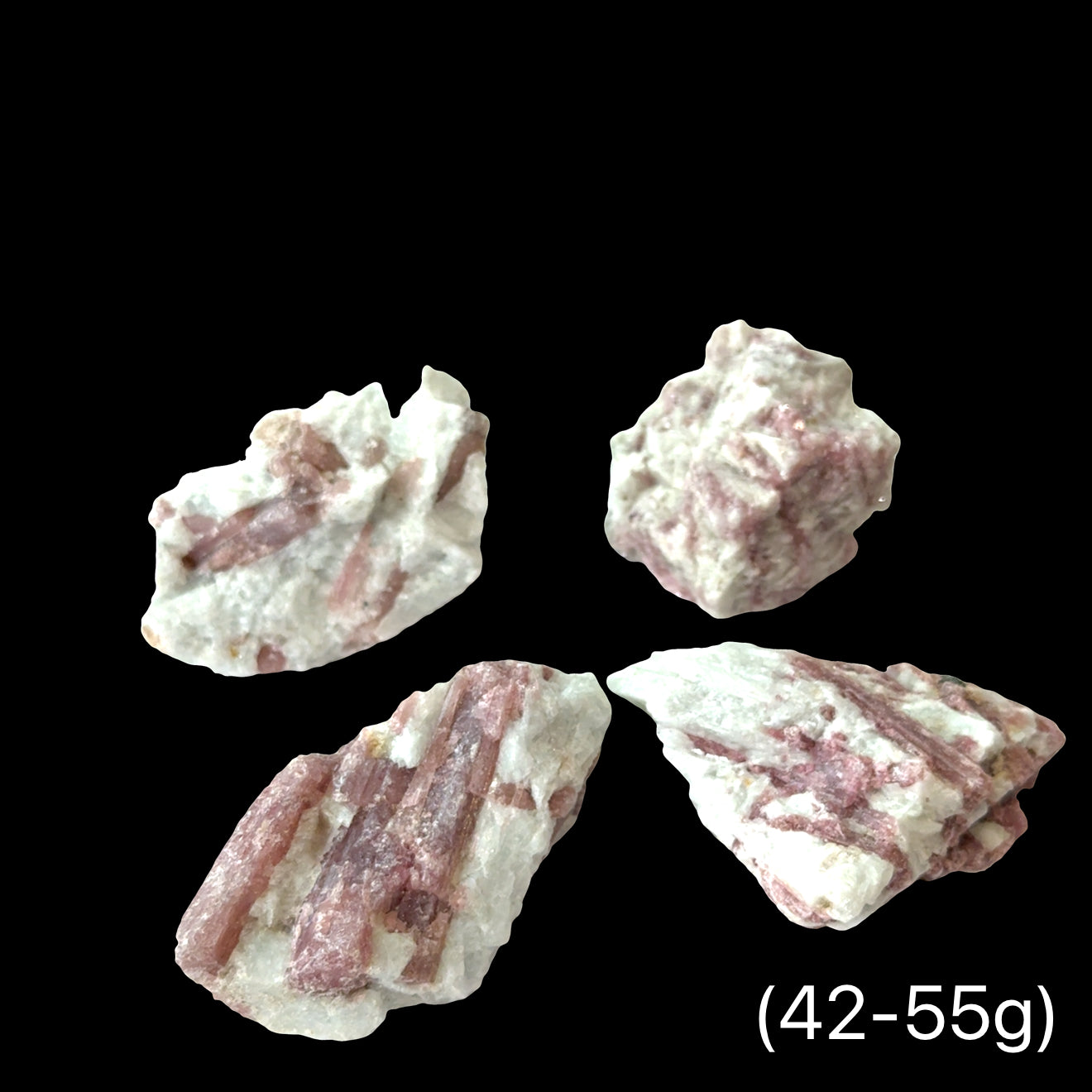 Four pieces of Rubellite Tourmaline in a Feldspar on a black background with weight indication (42-55g), front view.