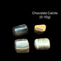 Four pieces of chocolate calcite on a black background, with text indicating the weight range (0-10g), in a front view. 