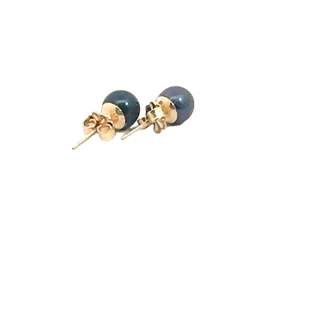 Freshwater Cultured Black Pearl Stud Earrings on white, backside overview
