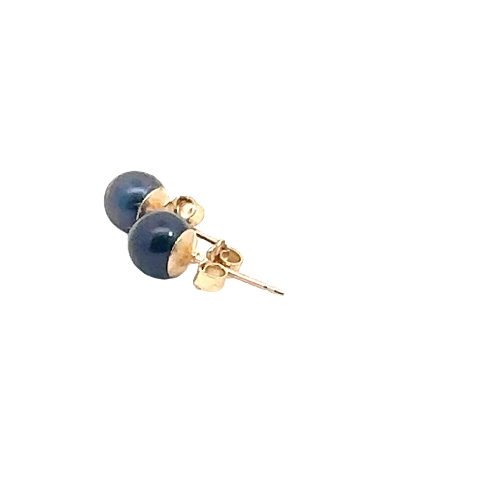 Freshwater Cultured Black Pearl Stud Earrings on white, left angled back overview