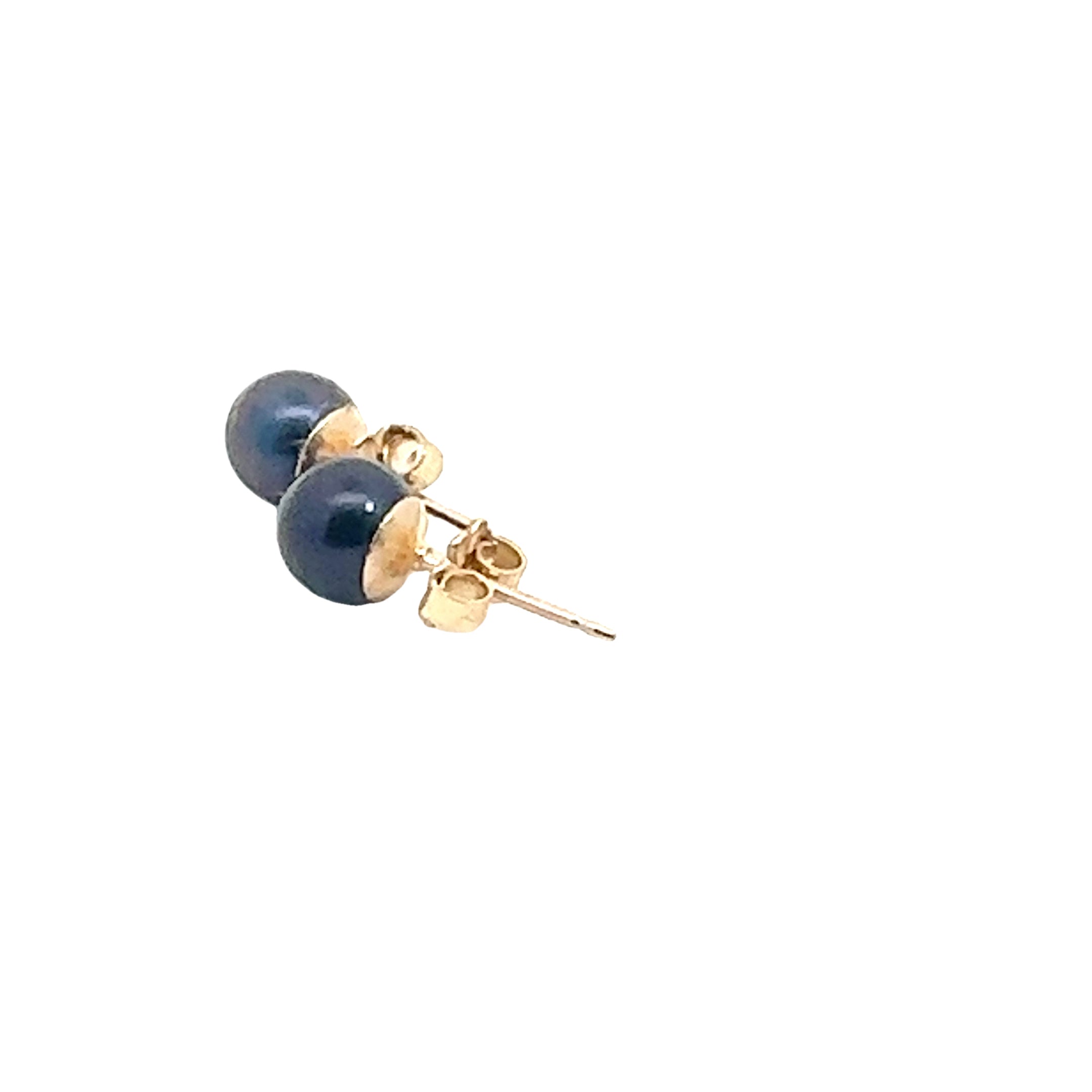 Freshwater Cultured Black Pearl Stud Earrings on white, left angled back overview