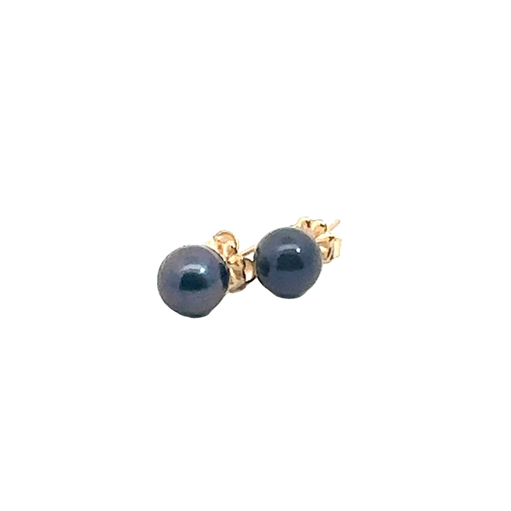 Freshwater Cultured Black Pearl Stud Earrings on white, left angled front overview