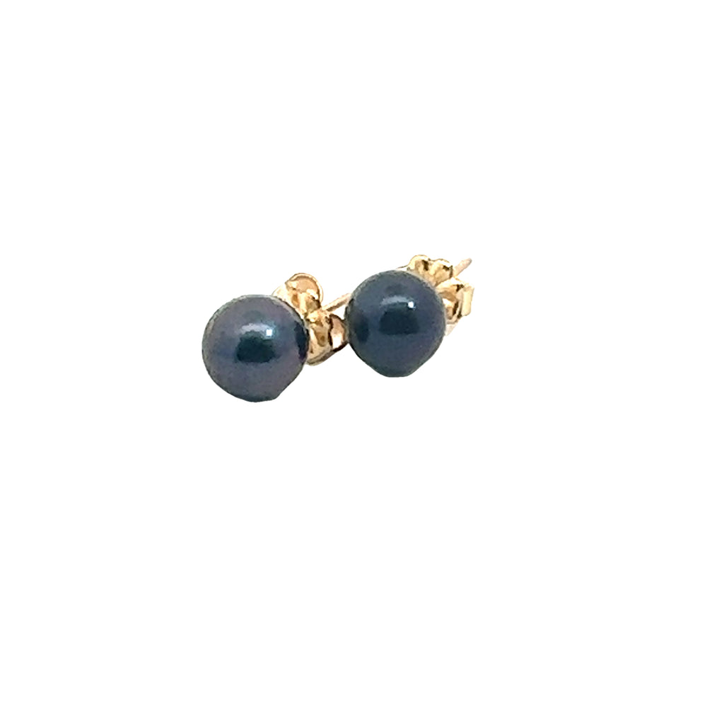 Freshwater Cultured Black Pearl Stud Earrings on white left angled front view